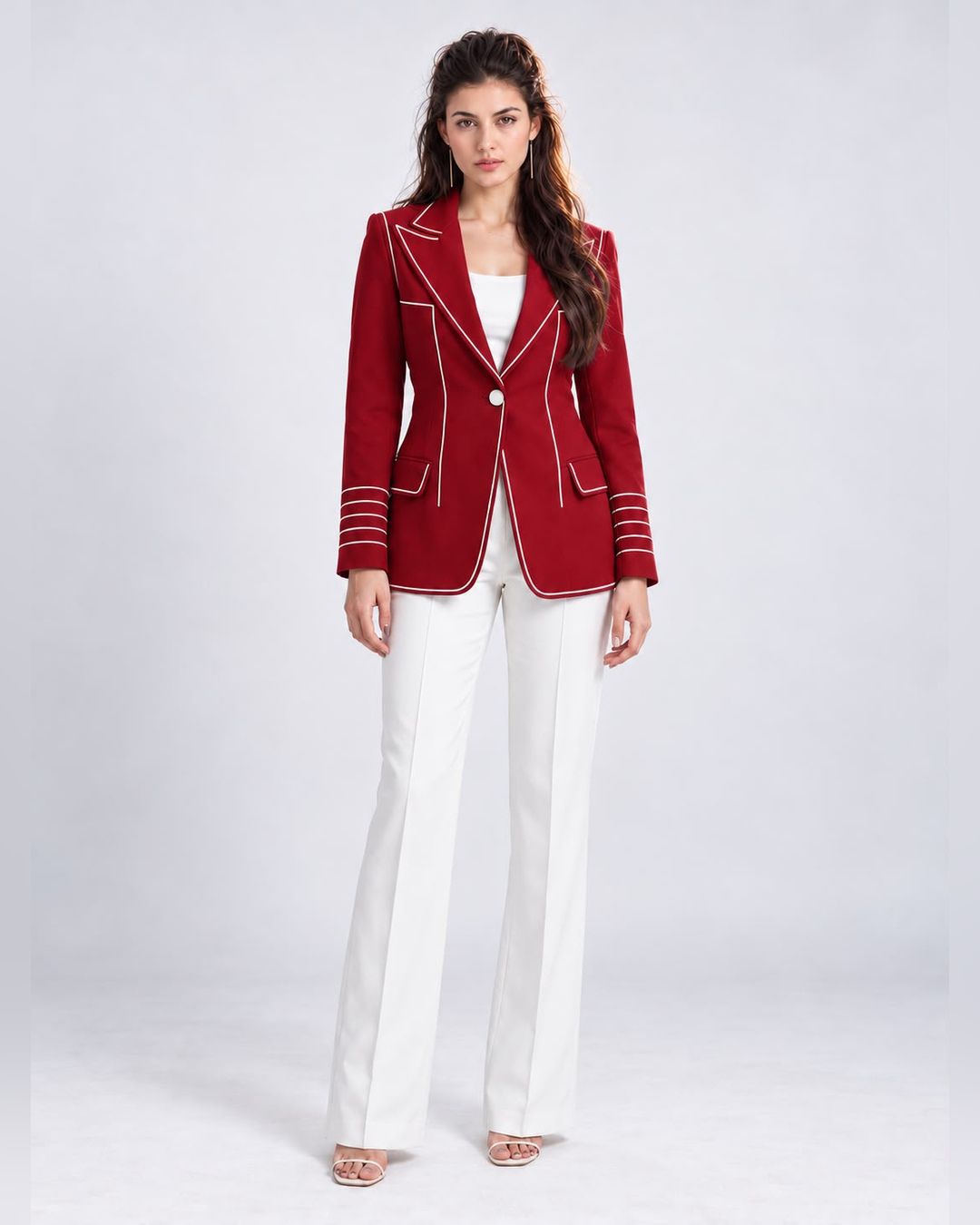 Single-breasted longline contrast-piped blazer in maroon