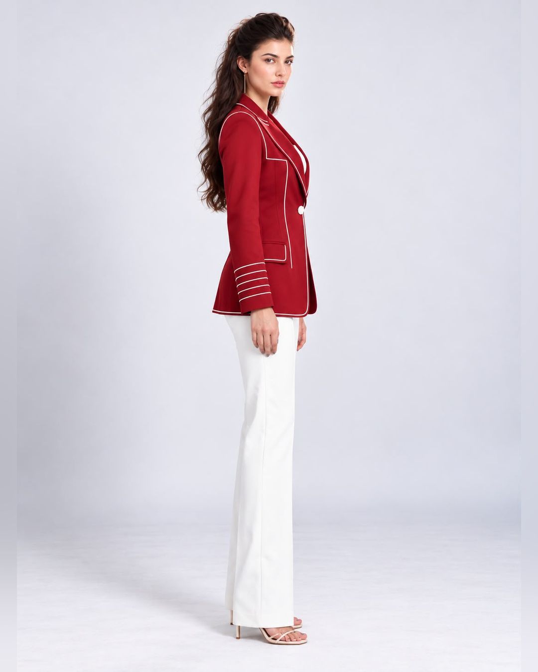 Single-breasted longline contrast-piped blazer in maroon, side view