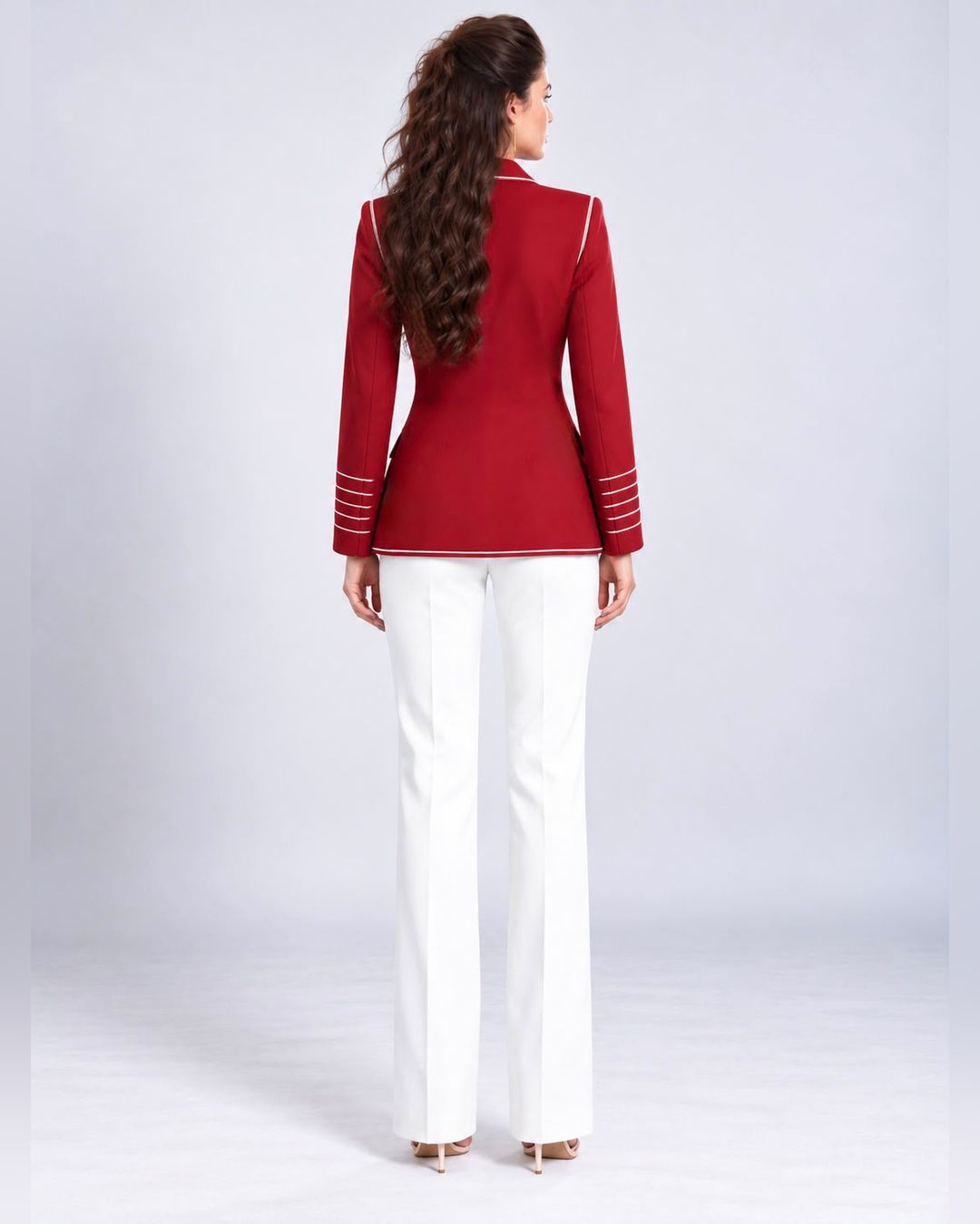 Single-breasted longline contrast-piped blazer in maroon, back view