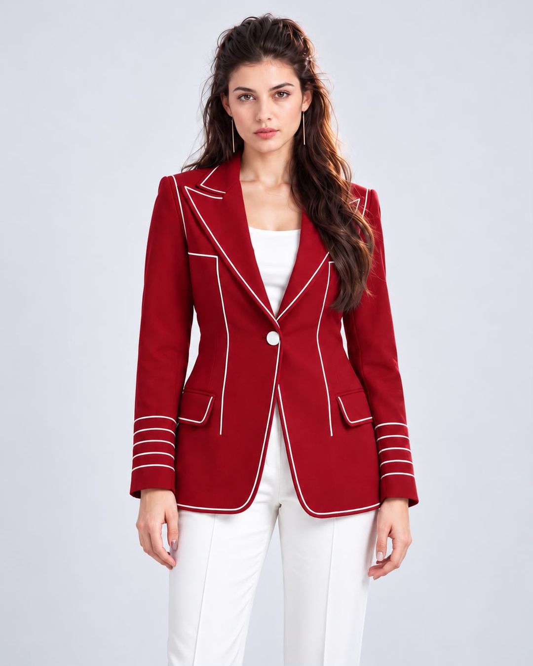 Single-breasted longline contrast-piped blazer in maroon, detail