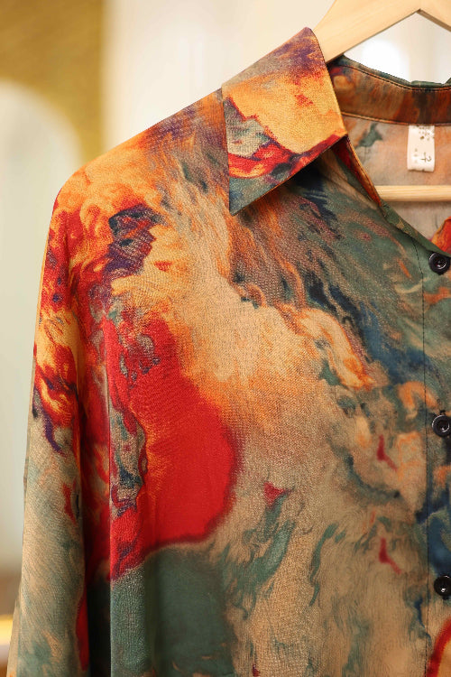 Printed silk satin shirt with long sleeves and a classic fit for evening styling.