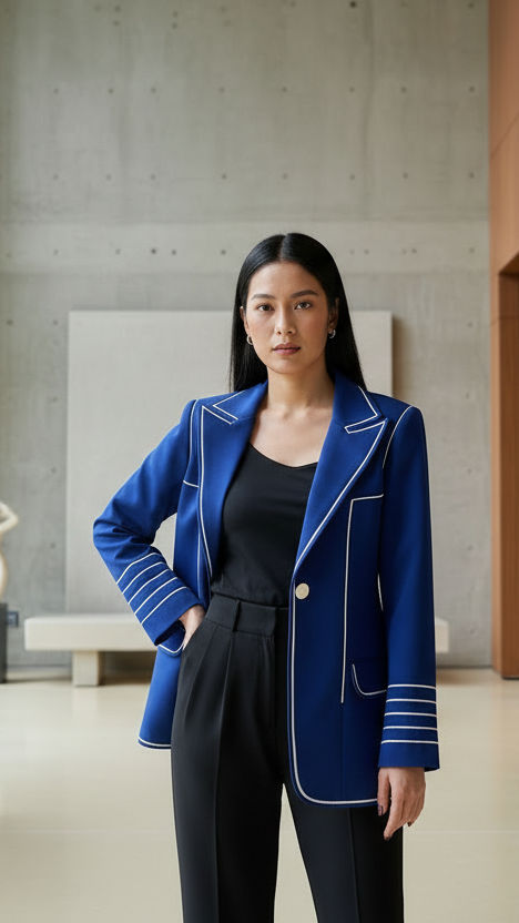Woman in a blue blazer standing in a modern indoor setting with large windows and wooden walls.