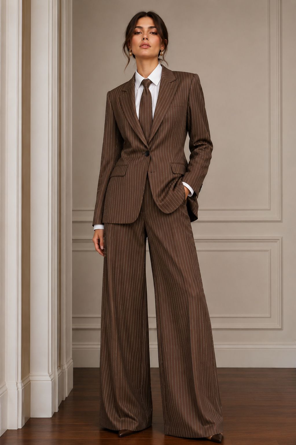 Luxe Brown Pinstripe Two-Piece Suit Set with Tie Beyond Formals