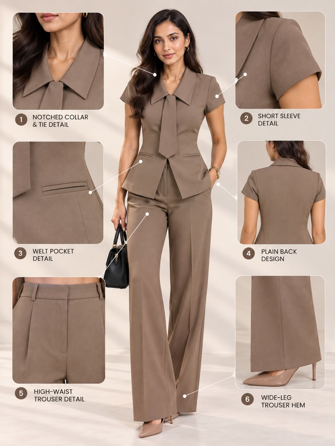 Beige short-sleeve pant suit set with tie – detail guide showing collar, sleeve, welt pocket and wide-leg trousers | Beyond Formals