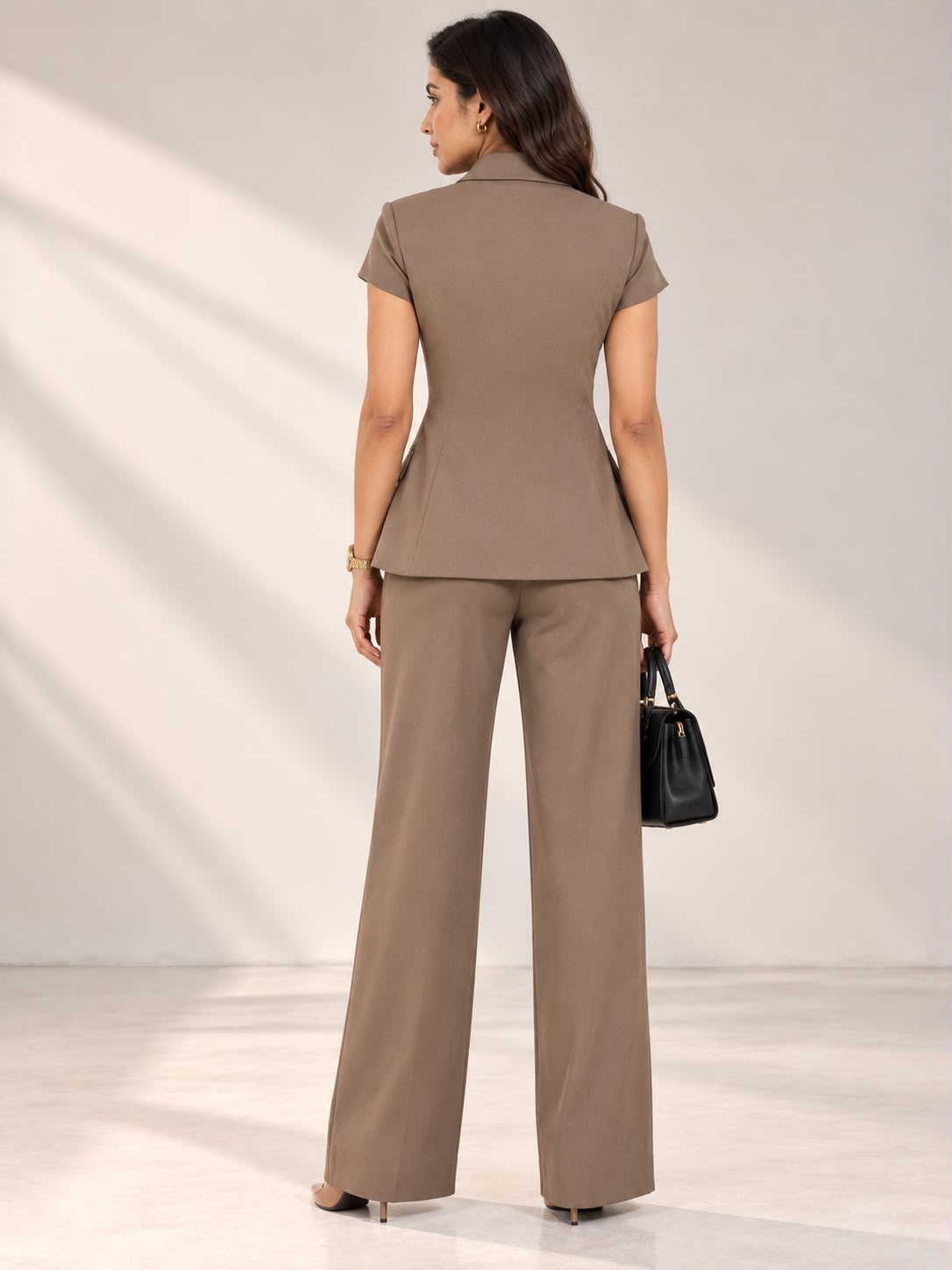 Beige short-sleeve pant suit set – back view | Beyond Formals