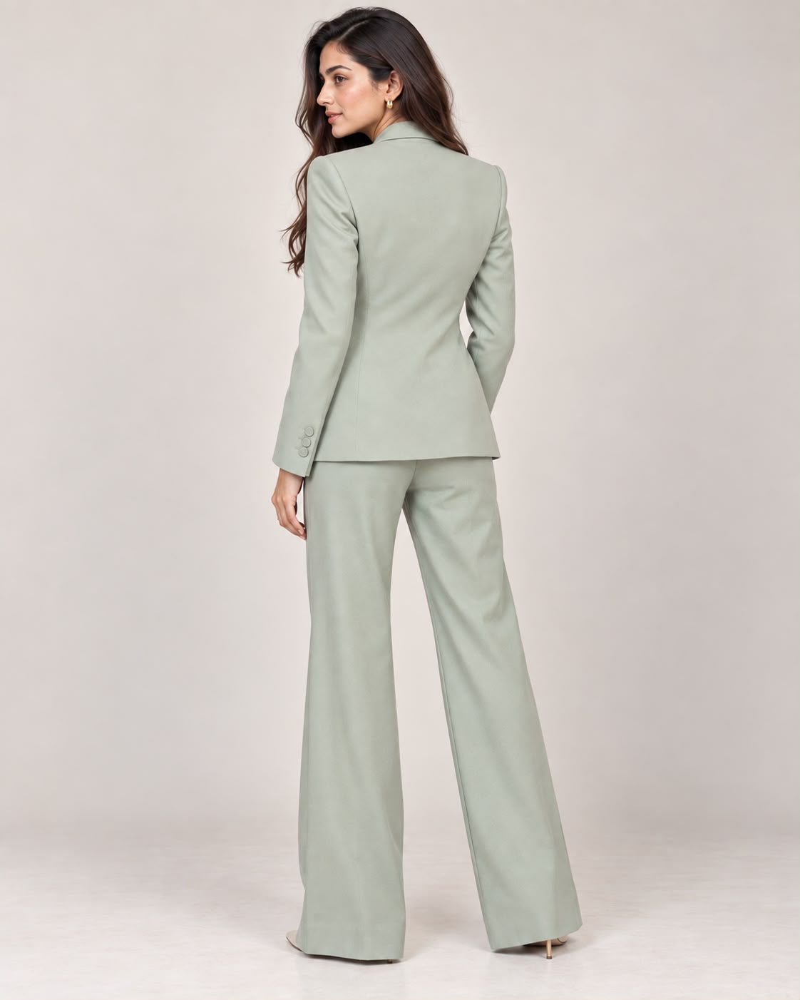 Mint green single-breasted blazer with matching trousers – back view | Beyond Formals
