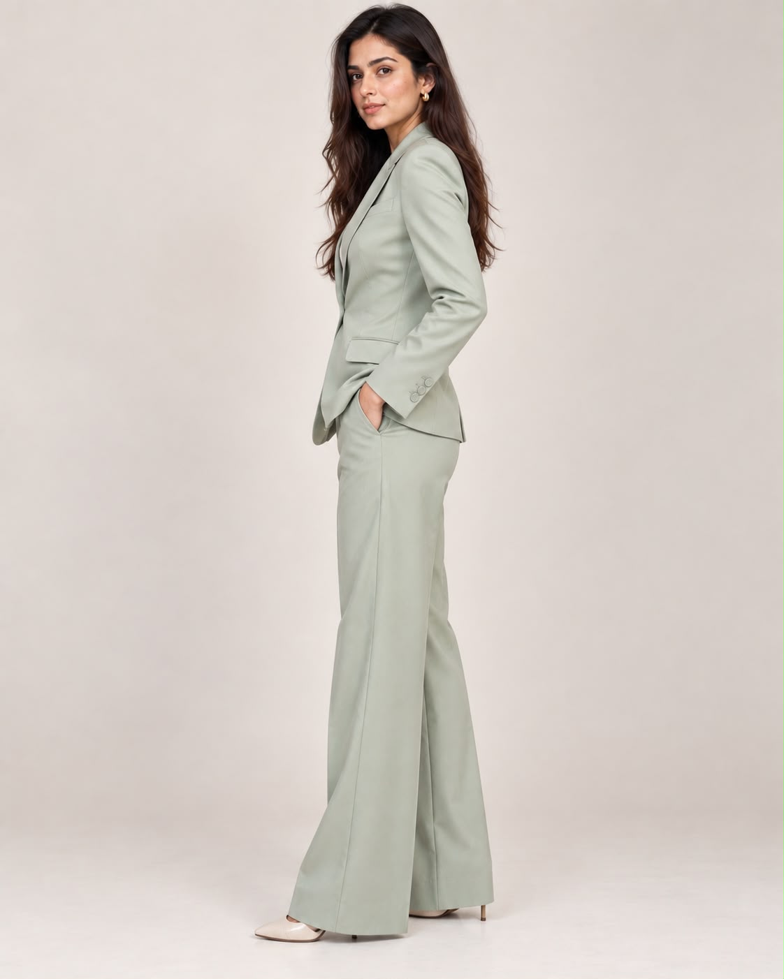 Mint green single-breasted blazer with matching trousers – side view | Beyond Formals