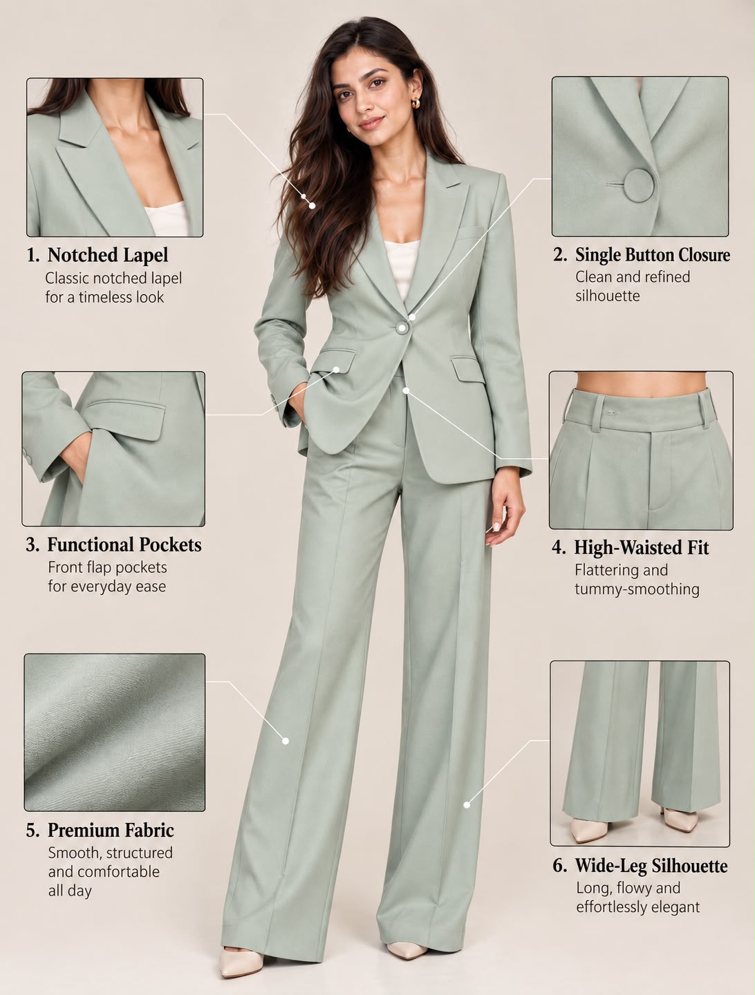 Mint green single-breasted blazer – detail guide showing lapel, single button, pockets, fabric and wide-leg trousers | Beyond Formals