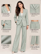Mint green single-breasted blazer – detail guide showing lapel, single button, pockets, fabric and wide-leg trousers | Beyond Formals