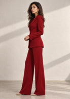 Red single-breasted deep-V blazer with matching trousers – side view | Beyond Formals