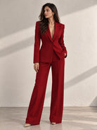 Red single-breasted deep-V blazer with matching wide-leg trousers – full-length front view | Beyond Formals