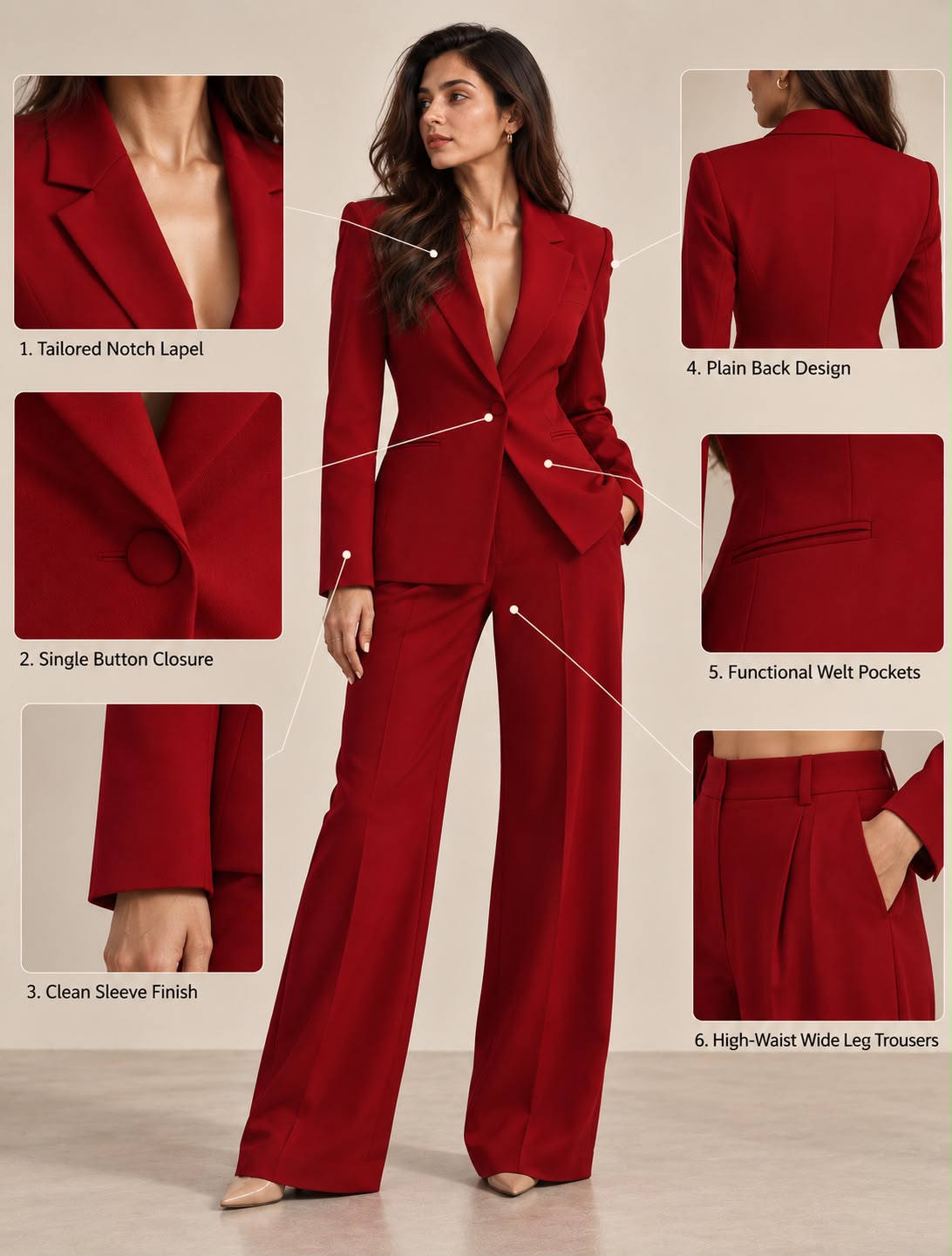 Red single-breasted deep-V blazer – detail guide showing lapel, single button, sleeve, back and welt pockets | Beyond Formals