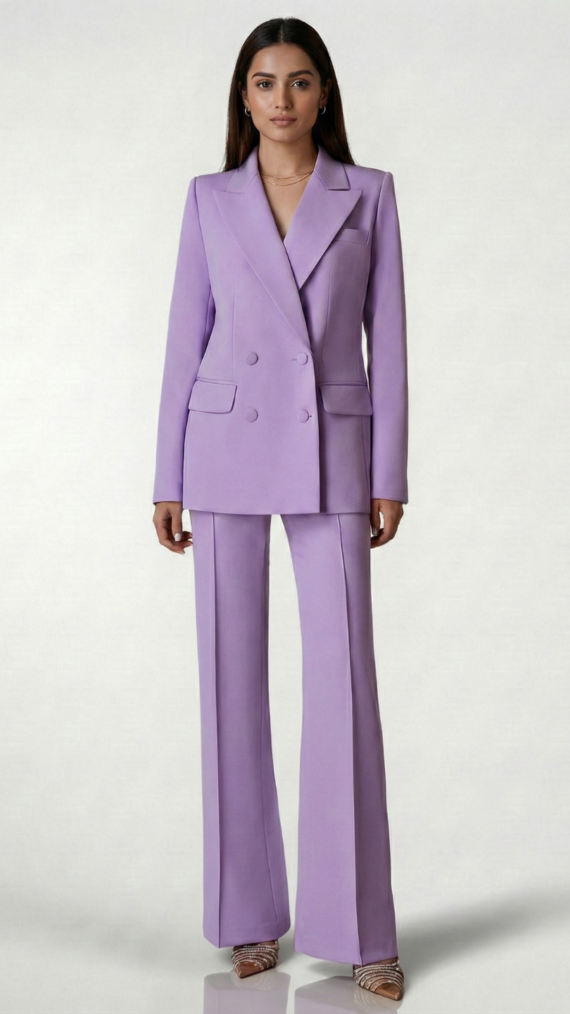 Woman wearing a lavender suit on a white background
