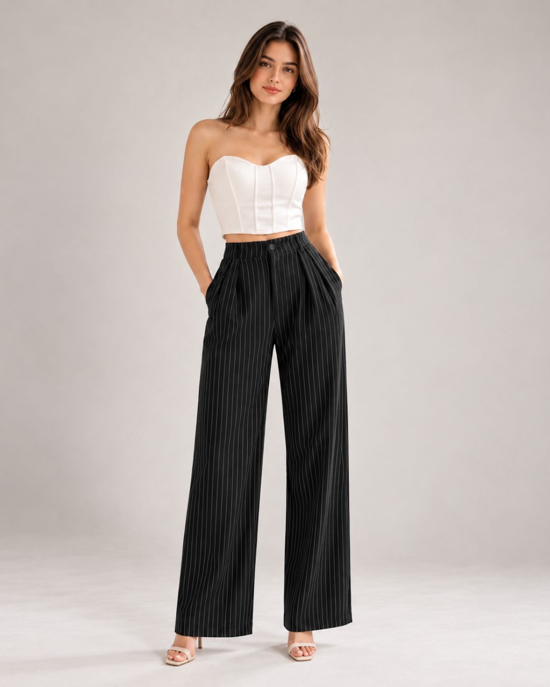 Black pinstripe high-waist wide-leg trousers with white corset top, full-length front view | Beyond Formals