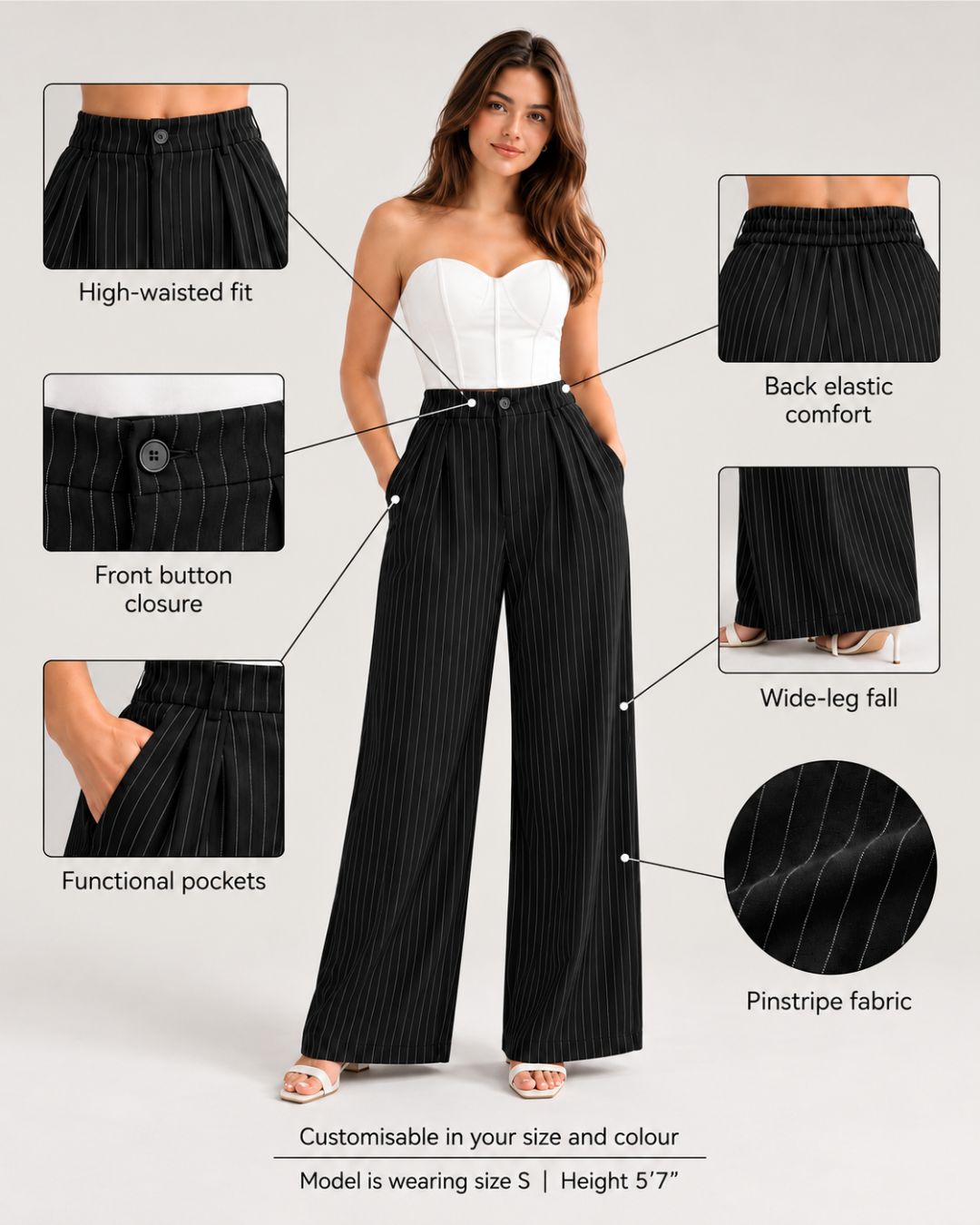 Infographic of black pinstripe trousers showing fit, button, pockets and back elastic | Beyond Formals
