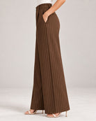 Brown pinstripe wide-leg trousers, side view showing drape and side pocket | Beyond Formals