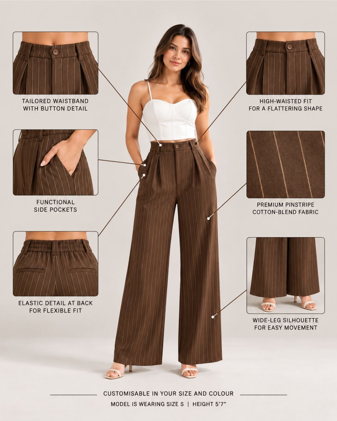 Infographic of brown pinstripe trousers showing waistband, pockets, back elastic and wide leg | Beyond Formals
