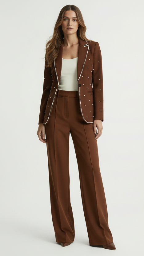 Woman wearing a brown studded blazer and pants on a white background