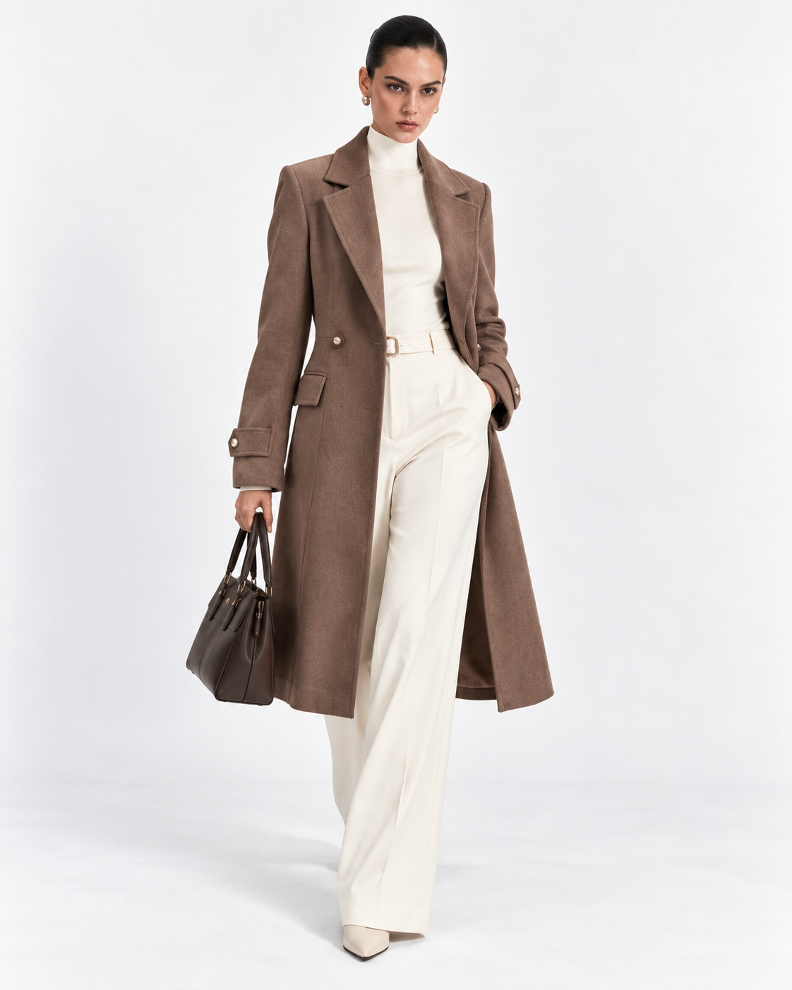 Mocha Brown Fitted Pearl-Button Long Overcoat for Women – front view | Beyond Formals