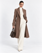 Mocha Brown Fitted Pearl-Button Long Overcoat for Women – front view | Beyond Formals