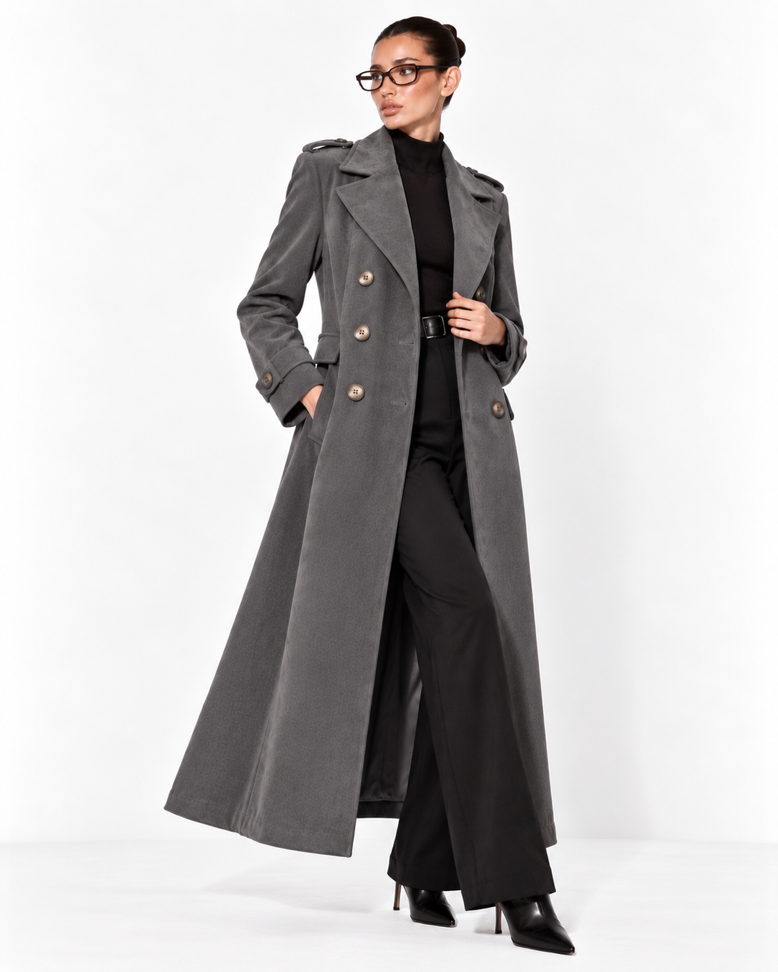 Grey Double-Breasted Long Overcoat for Women – Beyond Formals