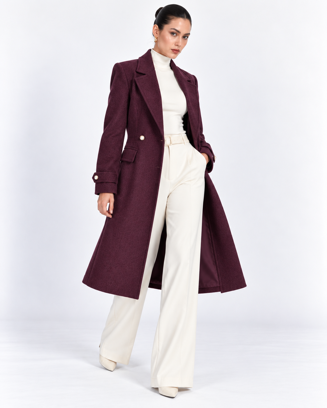 Plum Fitted Pearl-Button Long Overcoat for Women – front view | Beyond Formals