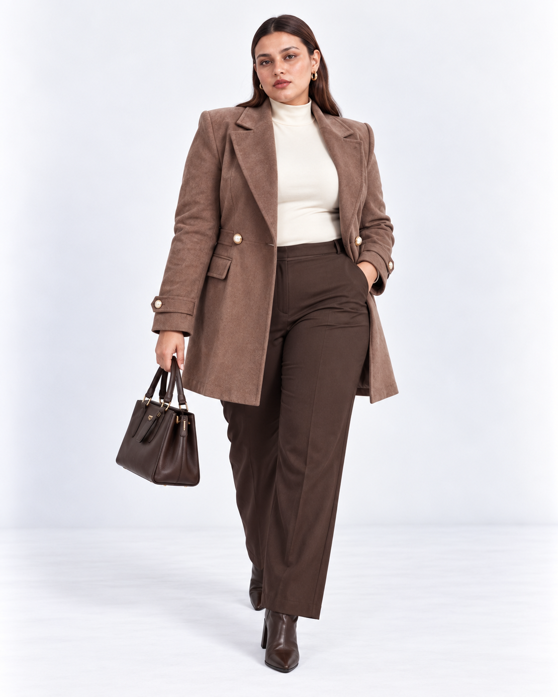 Mocha Brown Gold-Button Short Overcoat for Women – Beyond Formals