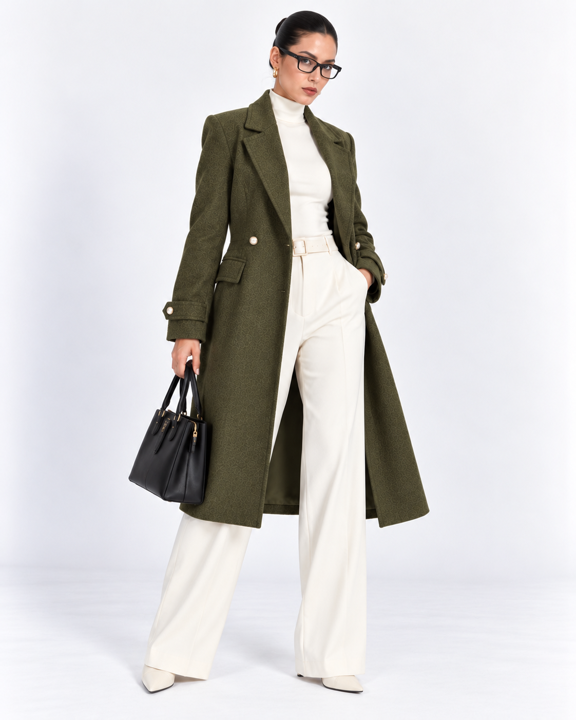 Olive Green Fitted Pearl-Button Long Overcoat for Women – front view | Beyond Formals