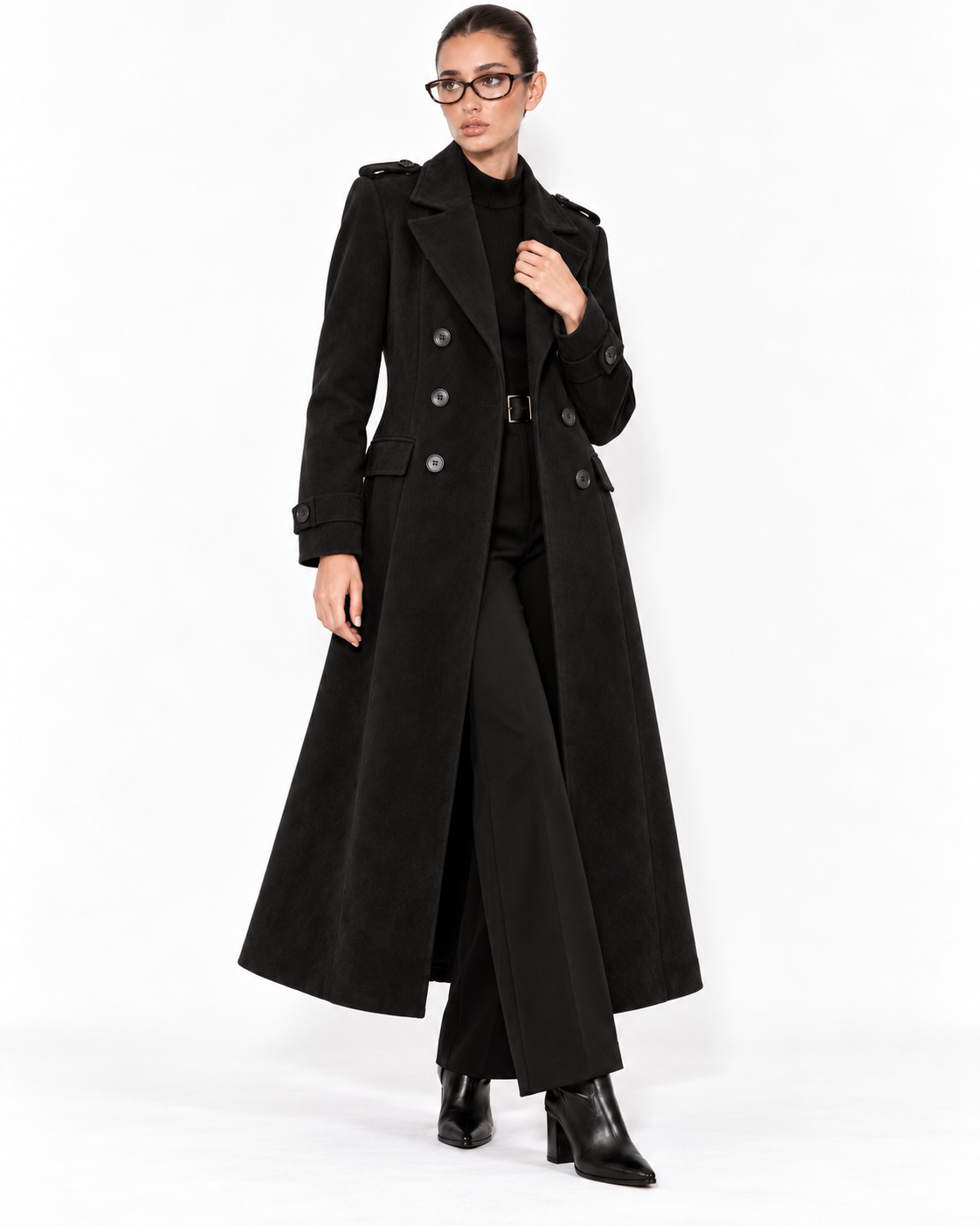Black Double-Breasted Long Overcoat for Women – Beyond Formals