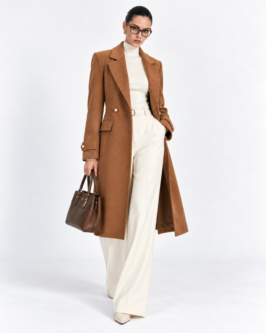 Camel Fitted Pearl-Button Long Overcoat for Women – front view | Beyond Formals