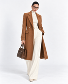 Camel Fitted Pearl-Button Long Overcoat for Women – front view | Beyond Formals