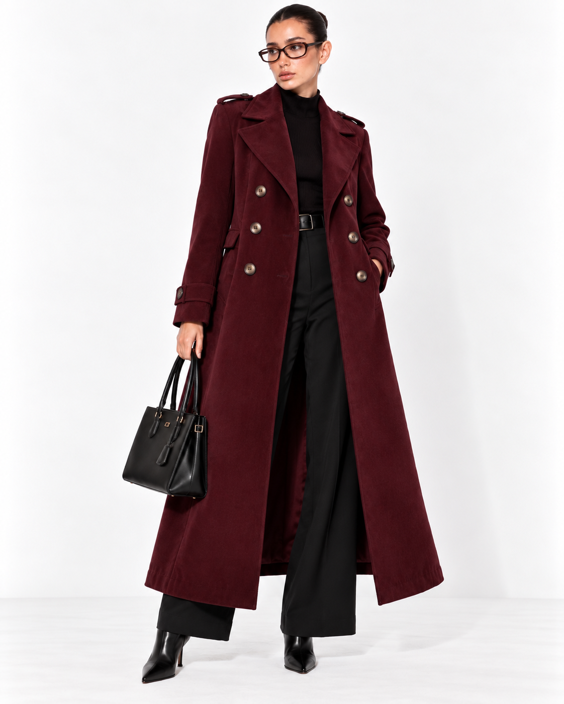 Maroon Double-Breasted Long Overcoat for Women – Beyond Formals