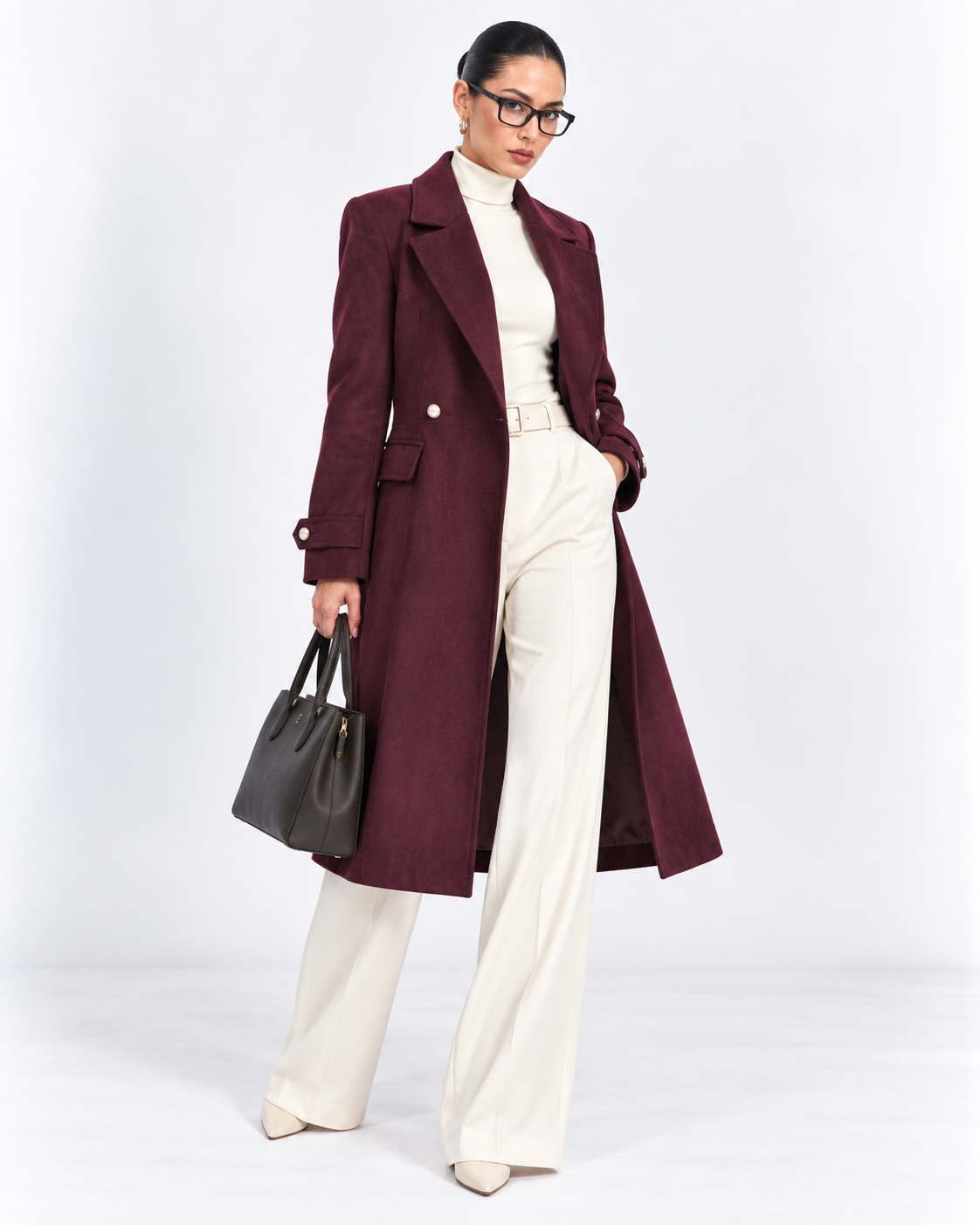 Maroon Fitted Pearl-Button Long Overcoat for Women – front view | Beyond Formals