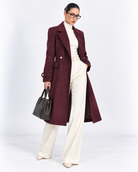 Maroon Fitted Pearl-Button Long Overcoat for Women – front view | Beyond Formals
