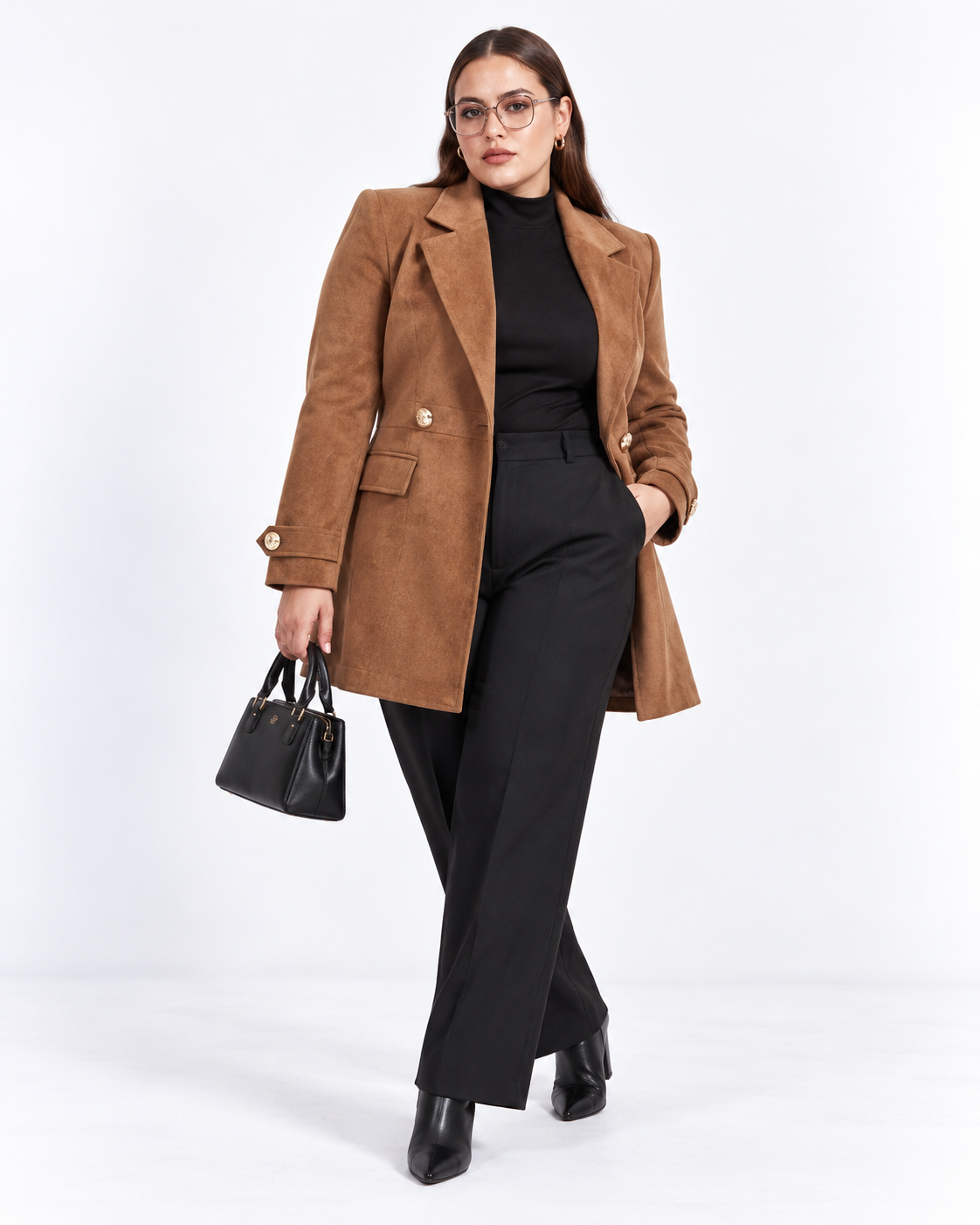 Camel Gold-Button Short Overcoat for Women – Beyond Formals