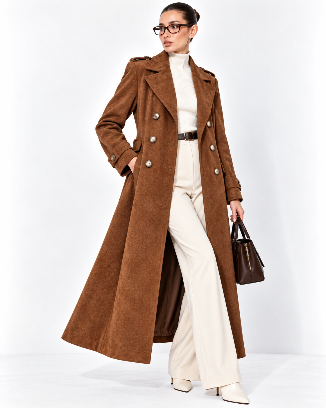 Camel Double-Breasted Long Overcoat for Women – Beyond Formals