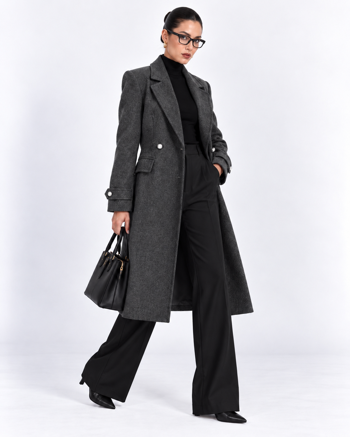 Grey Fitted Pearl-Button Long Overcoat for Women – front view | Beyond Formals