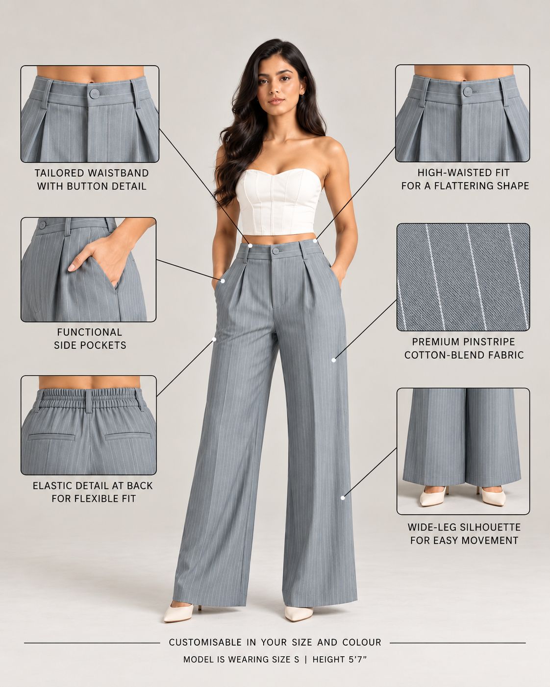 Infographic of grey pinstripe trousers showing waistband, pockets, back elastic and wide leg | Beyond Formals