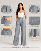 Infographic of grey pinstripe trousers showing waistband, pockets, back elastic and wide leg | Beyond Formals