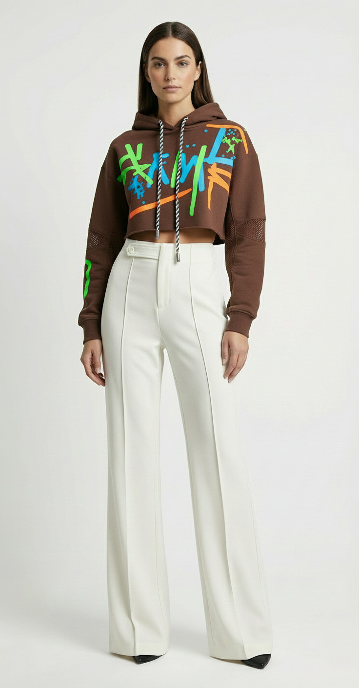 Person wearing a brown hoodie with colorful designs and white pants on a white background