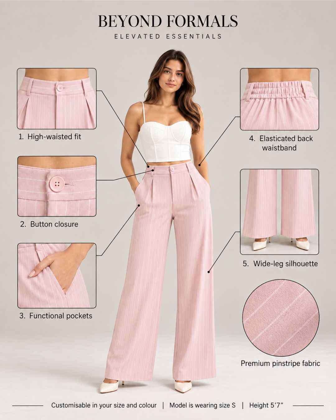 Infographic of light pink pinstripe trousers showing fit, button, pockets and back elastic | Beyond Formals