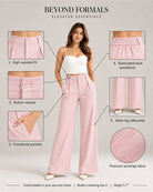 Infographic of light pink pinstripe trousers showing fit, button, pockets and back elastic | Beyond Formals