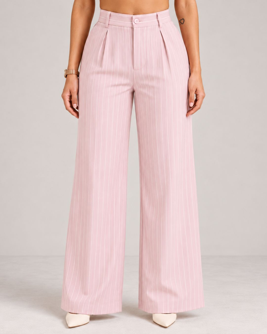 Light Pink pinstripe trousers close-up of waistband, front pleats and wide leg | Beyond Formals