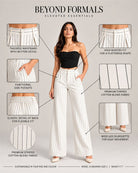 Infographic of white pinstripe trousers showing waistband, pockets, back elastic and wide leg | Beyond Formals
