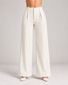 White pinstripe trousers close-up of button waistband, front pleats and wide leg | Beyond Formals